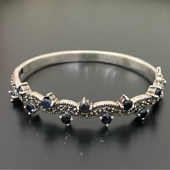 Vintage 925 Sterling Silver Black CZ Onyx Marcasite Bangle Hinged Bracelet 23g. - Picture 5 of 16